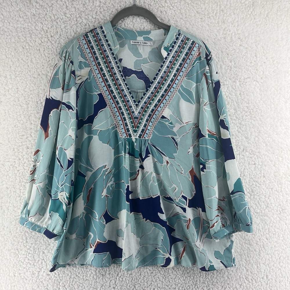 Figueroa & Flower Blue Floral Linen Blend Embroidered Top Women's Large Bohemian